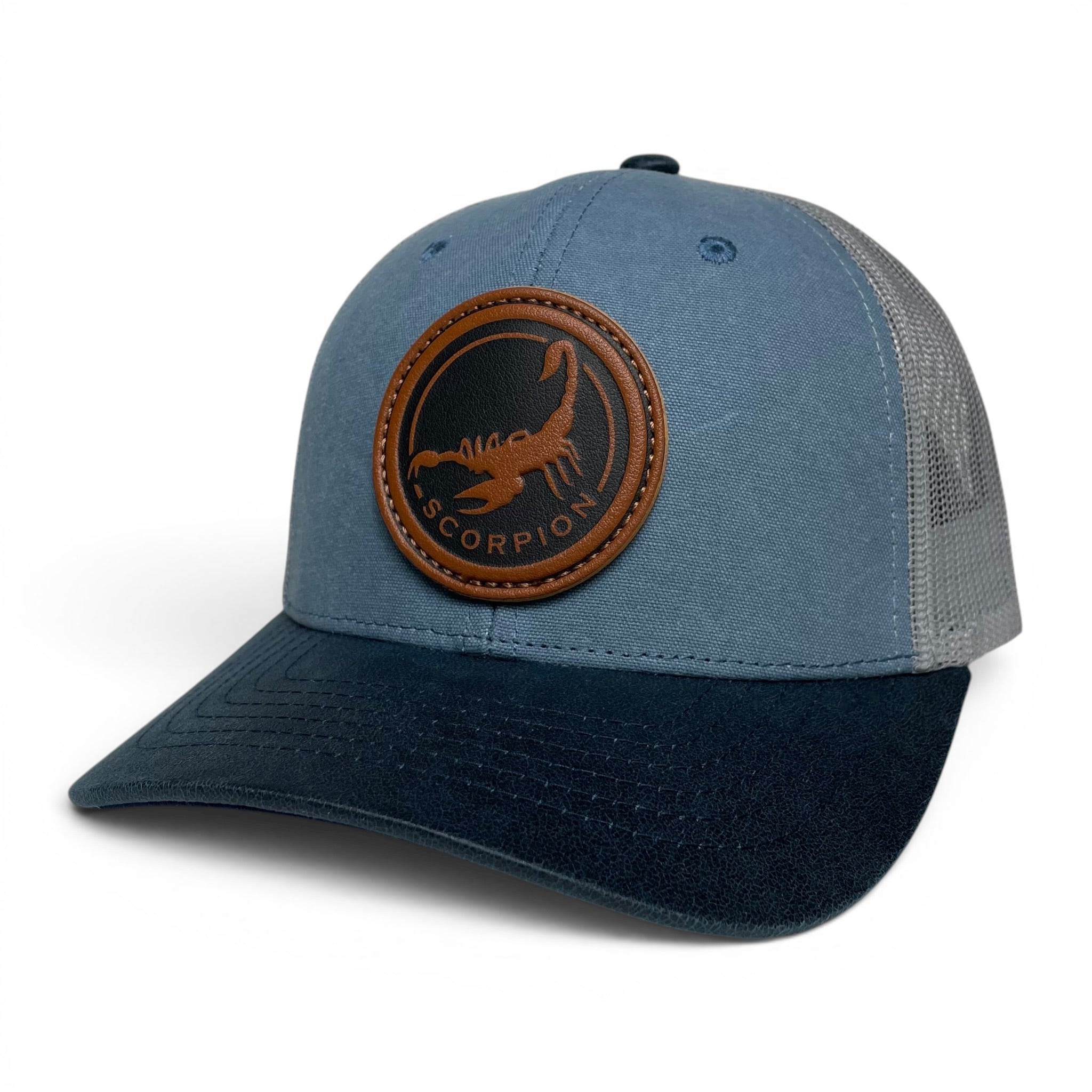 Scorpion Leather Patch Trucker Hat, Snapback, Canvas Curved Brim