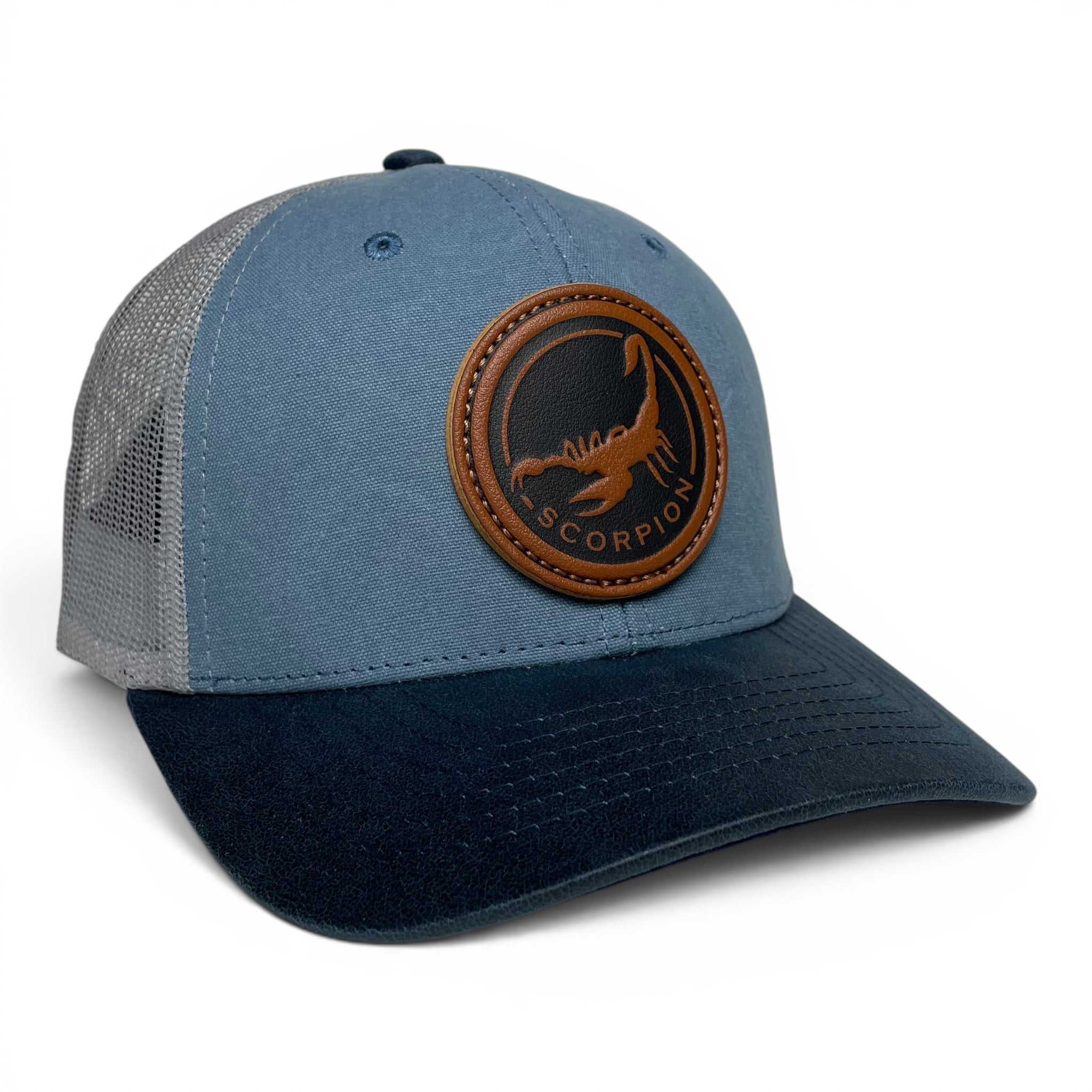 Scorpion Leather Patch Trucker Hat, Snapback, Canvas Curved Brim