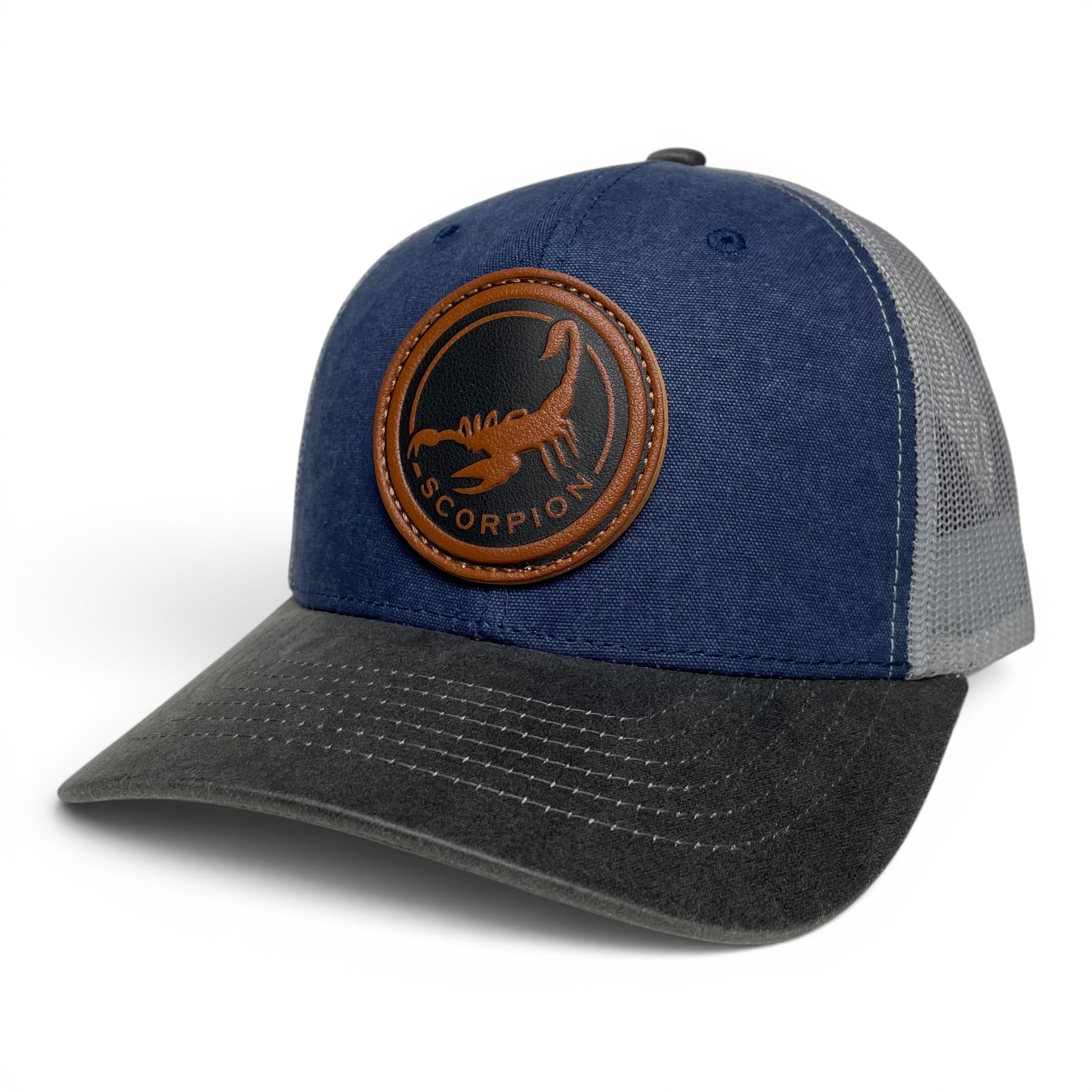 Western Scorpion Leather Patch Trucker Hat – Canvas Brim Snapback