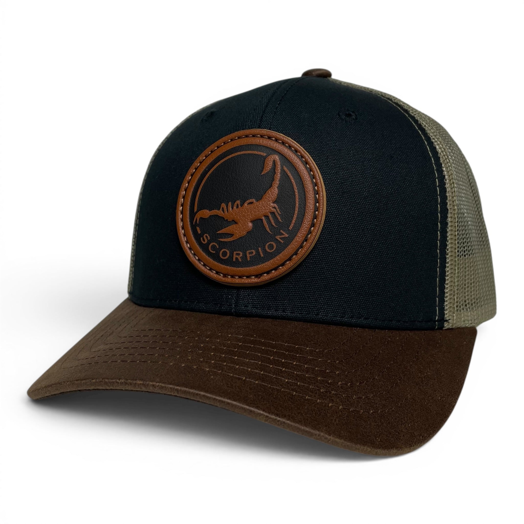 Mexican Scorpion Trucker Hat – Leather Patch, Canvas Brim, Snapback
