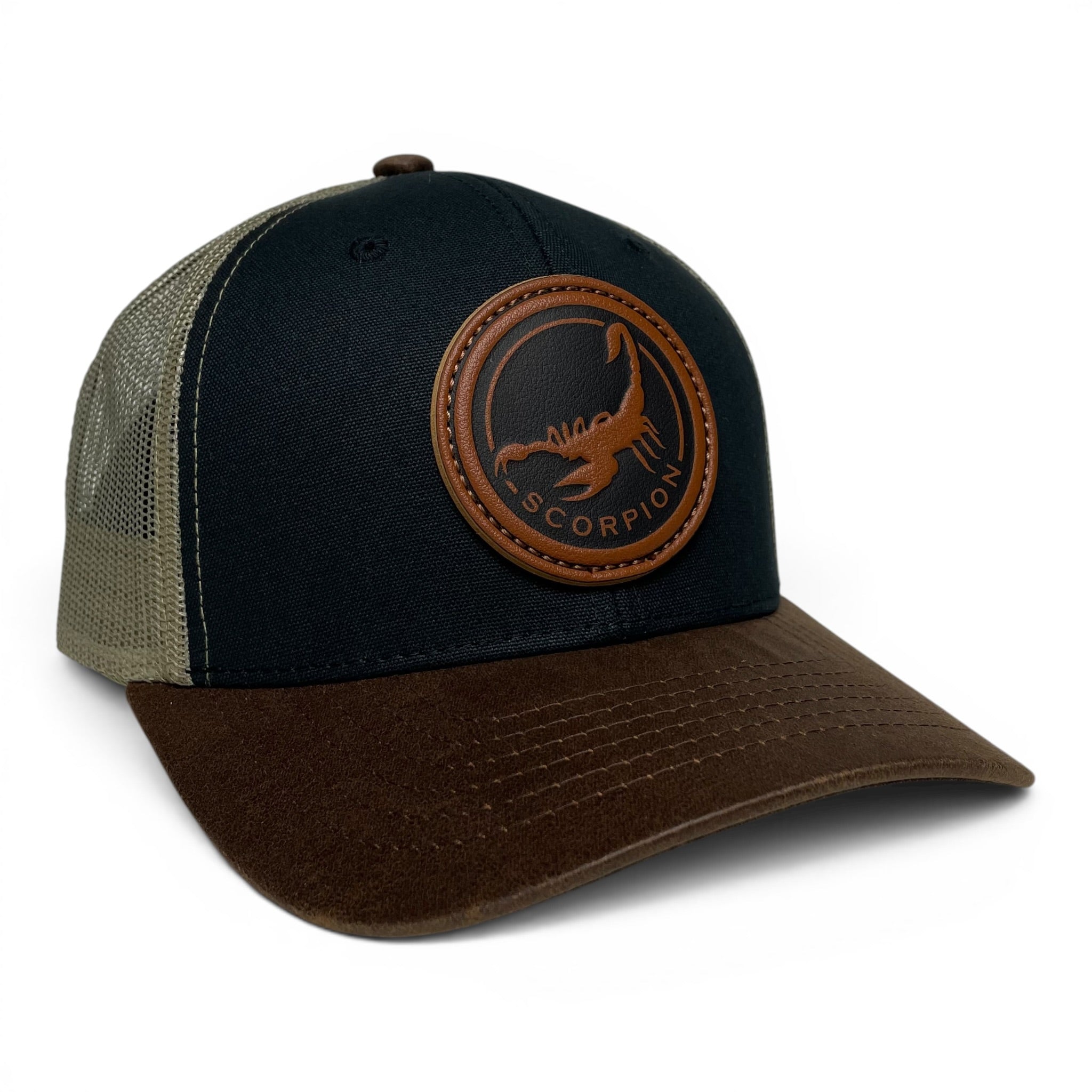 Mexican Scorpion Trucker Hat – Leather Patch, Canvas Brim, Snapback