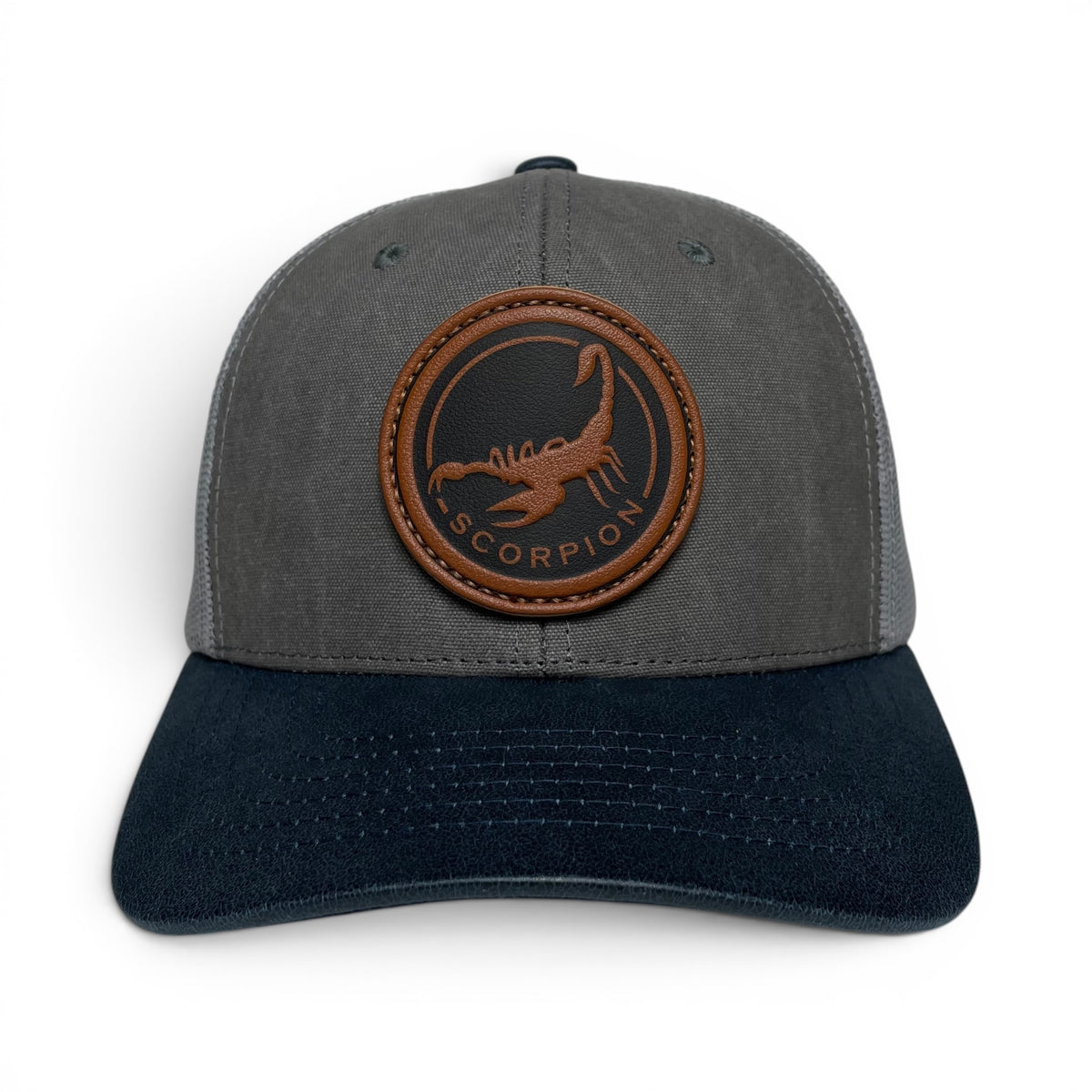 Scorpion Leather Patch Trucker Hat, Curved Brim Snapback
