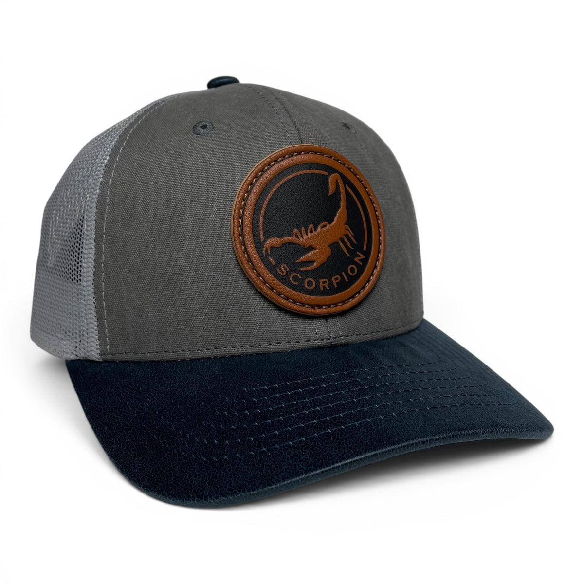Scorpion Leather Patch Trucker Hat, Curved Brim Snapback