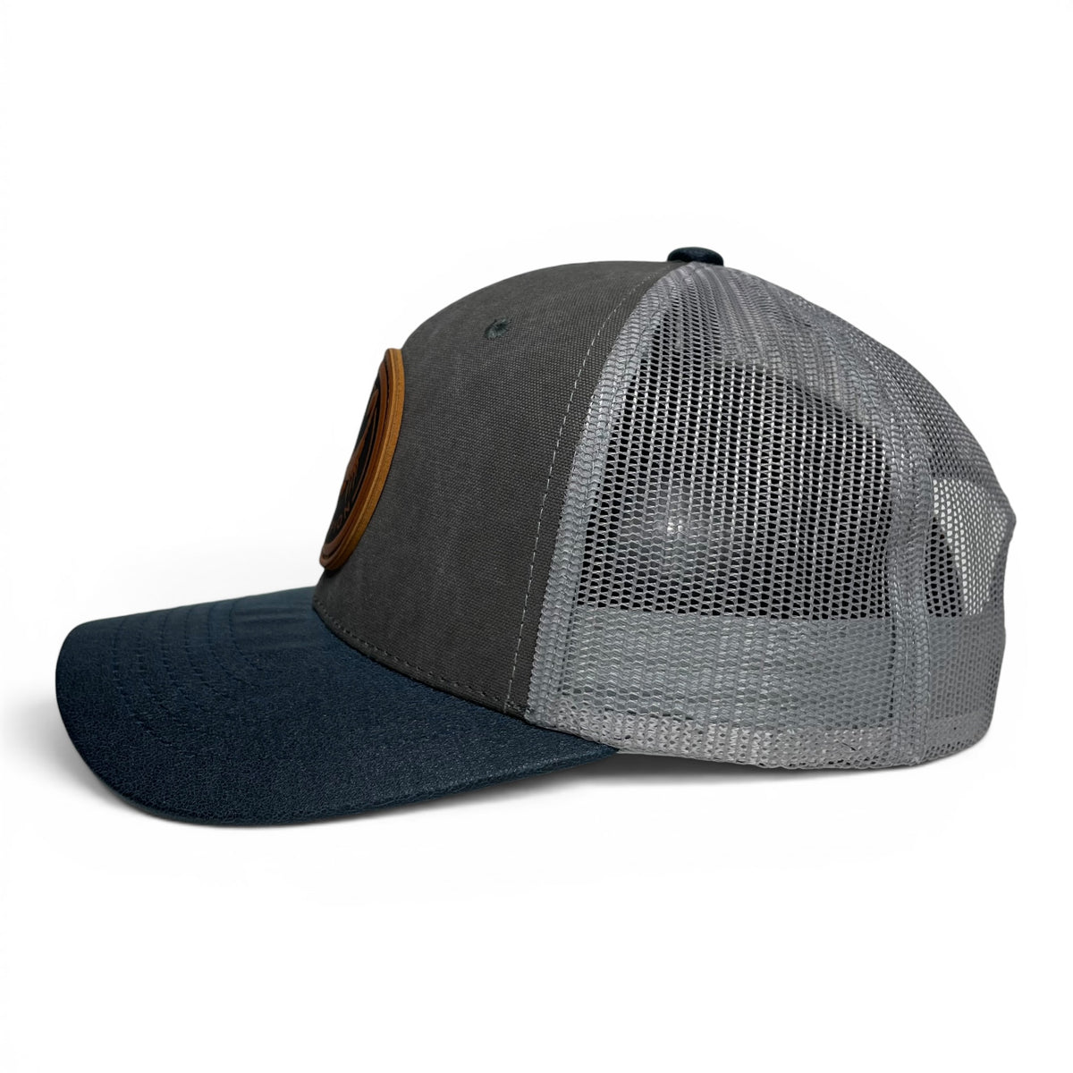 Scorpion Leather Patch Trucker Hat, Curved Brim Snapback