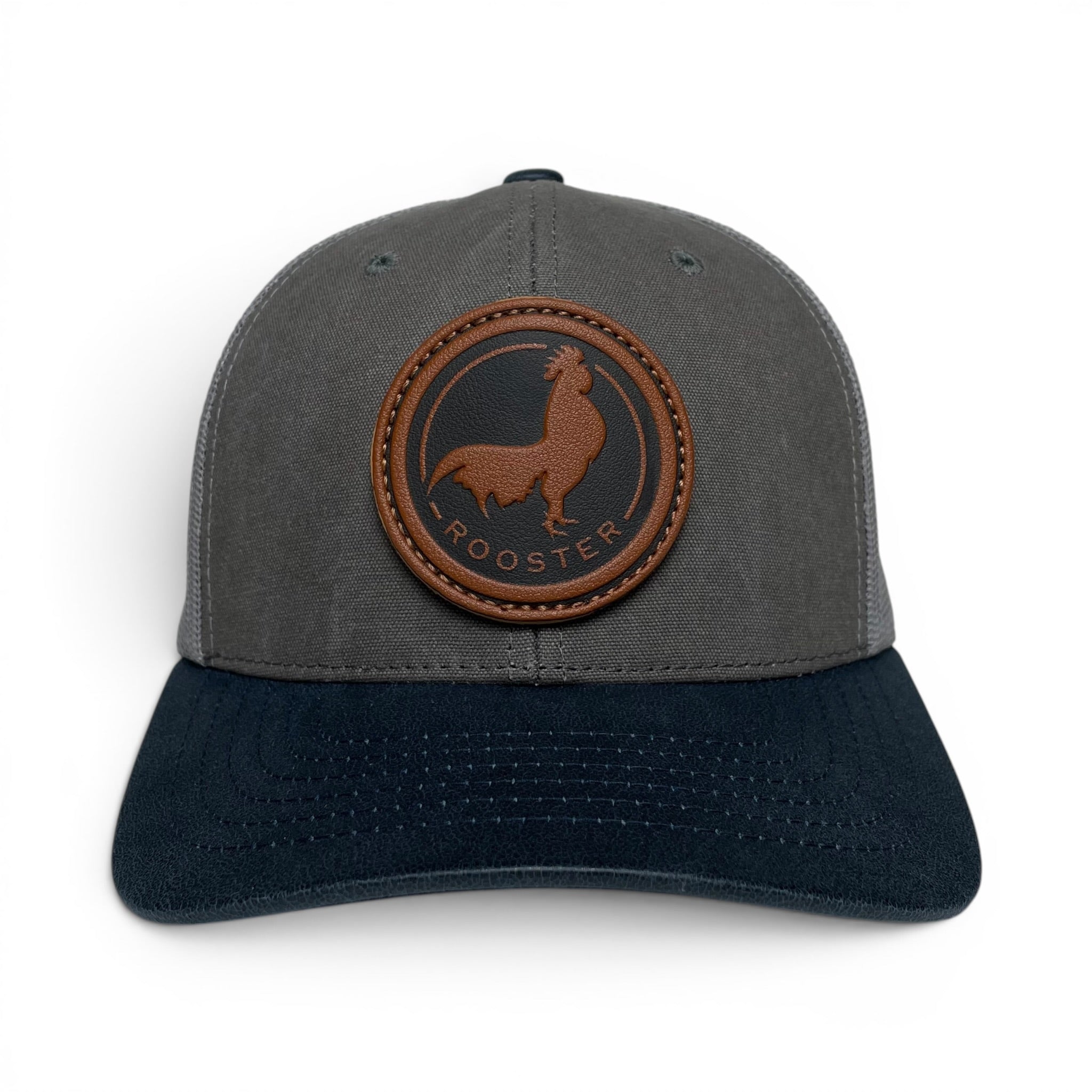 Wholesale Western Rooster Leather Patch Trucker Hat, Canvas Curved Brim