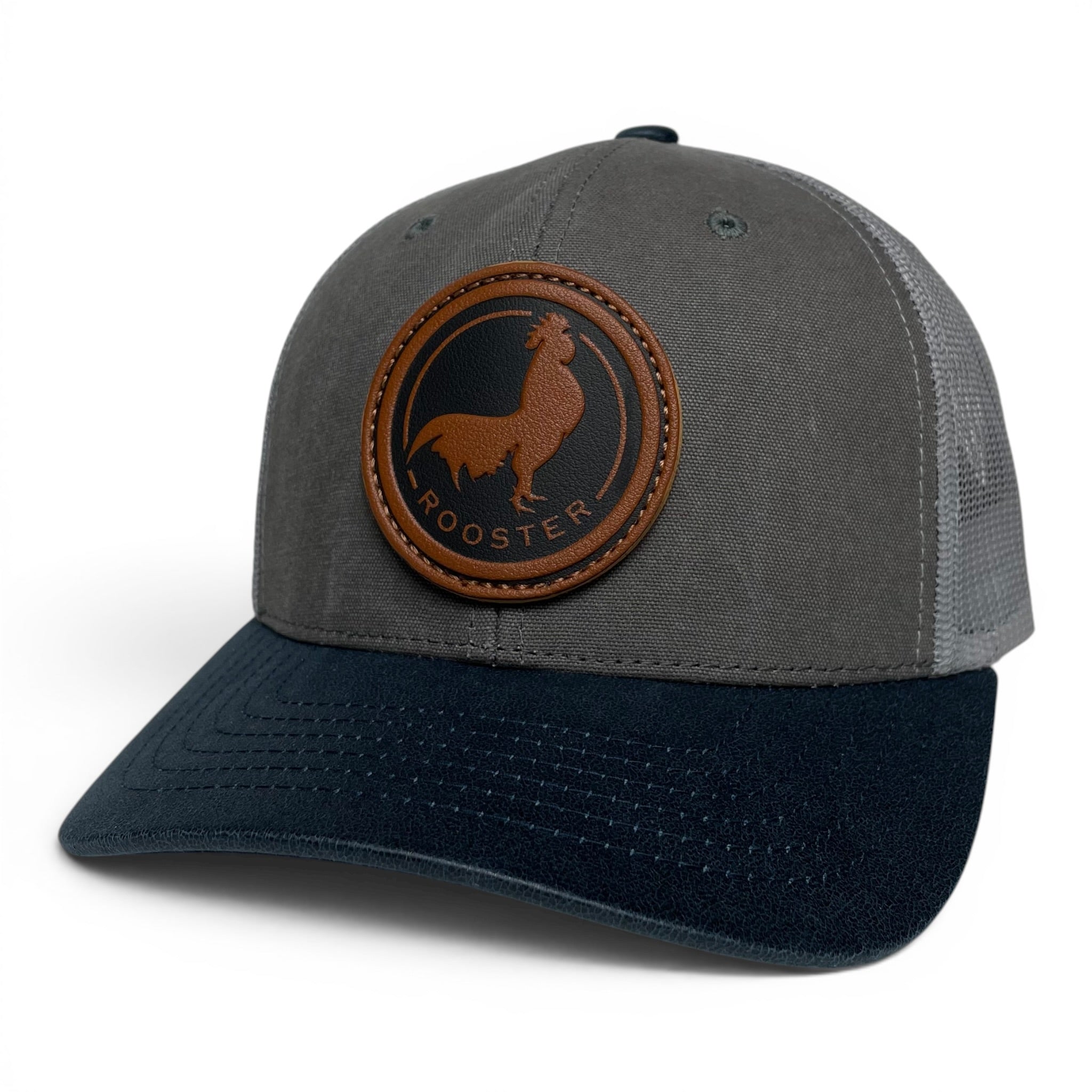 Wholesale Western Rooster Leather Patch Trucker Hat, Canvas Curved Brim