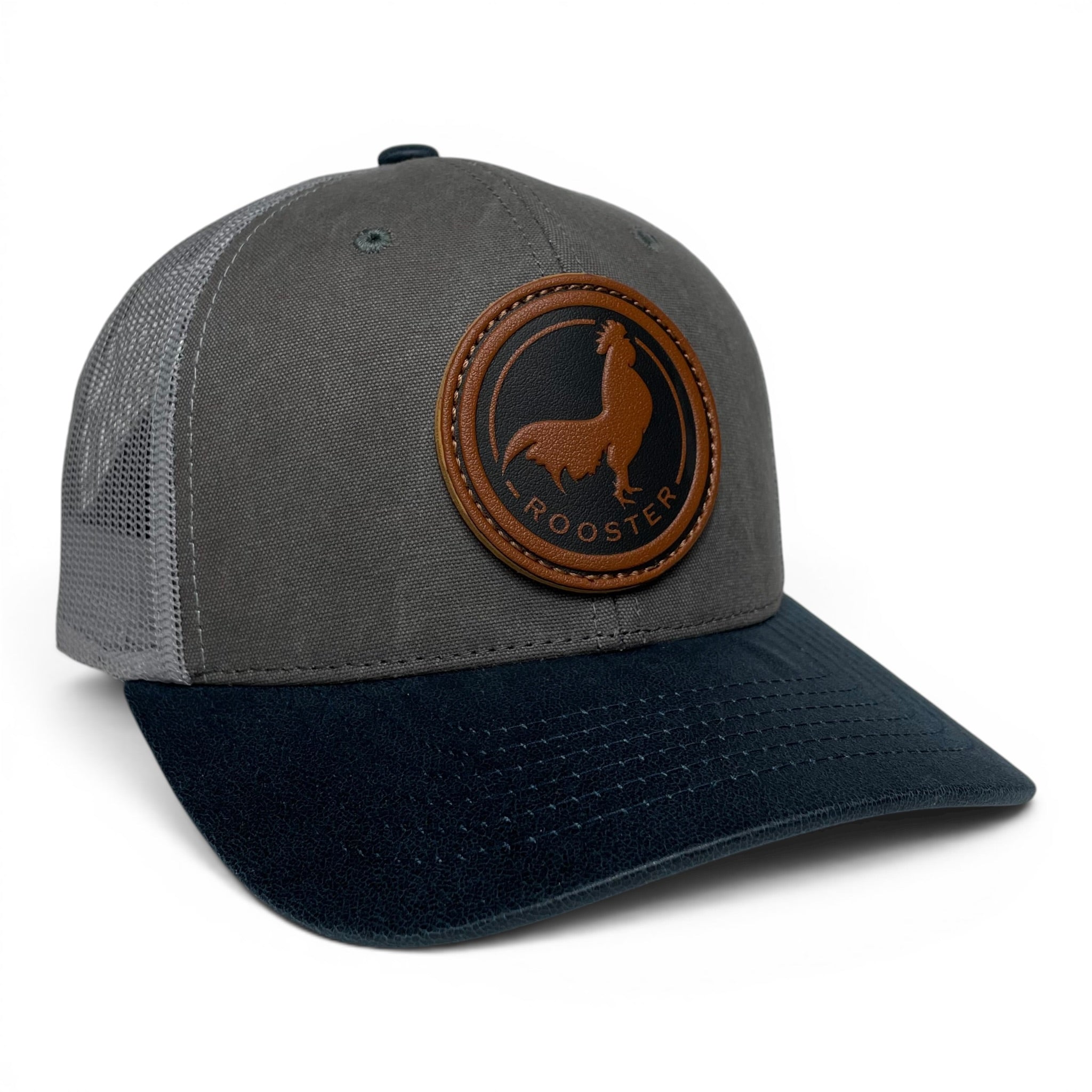 Wholesale Western Rooster Leather Patch Trucker Hat, Canvas Curved Brim