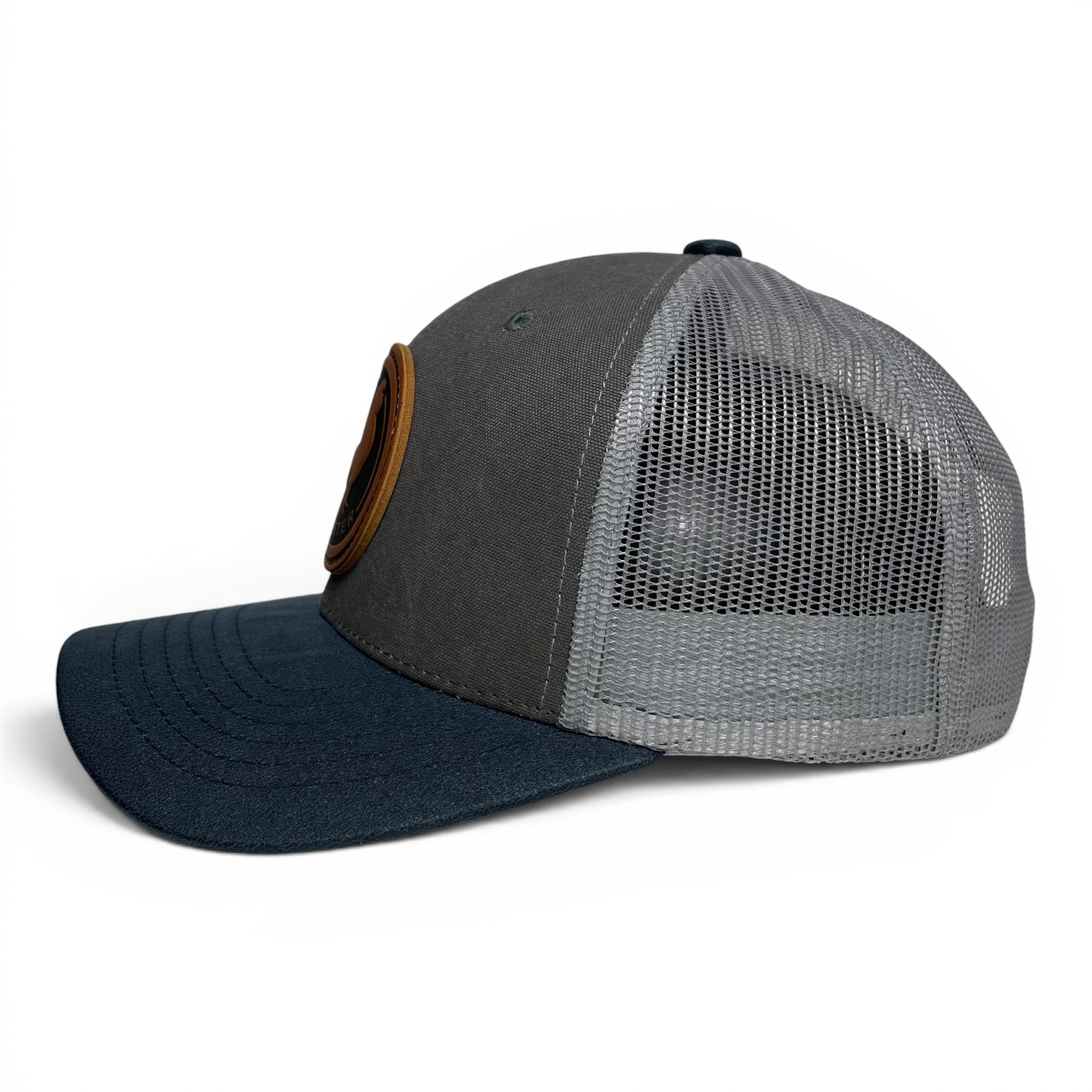 Wholesale Western Rooster Leather Patch Trucker Hat, Canvas Curved Brim