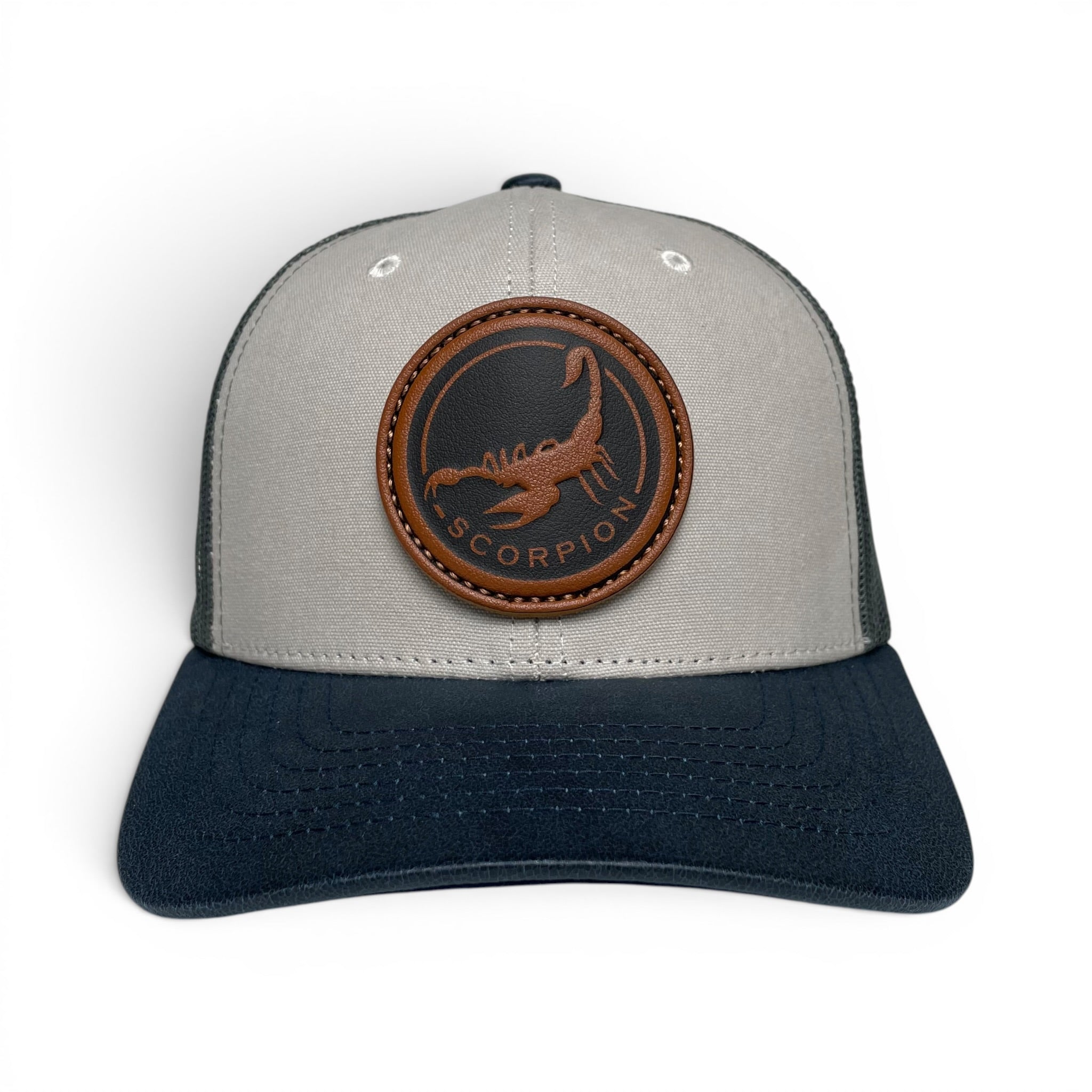 Scorpion Leather Patch Trucker Hat – Canvas Brim Snapback