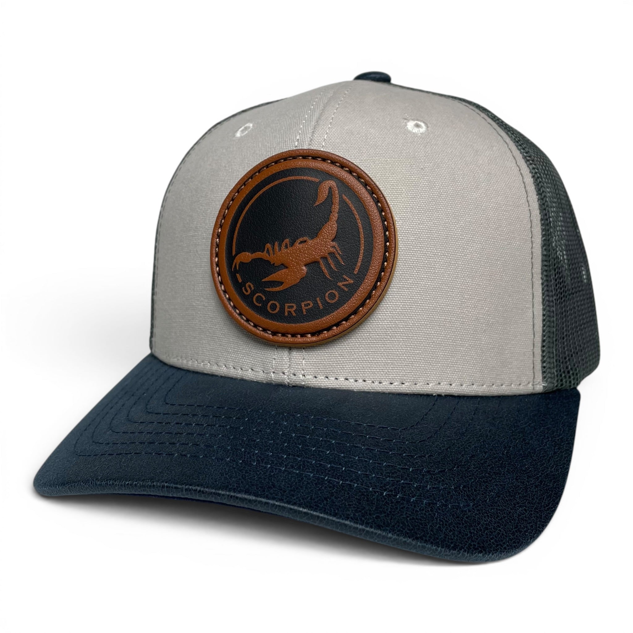 Scorpion Leather Patch Trucker Hat – Canvas Brim Snapback