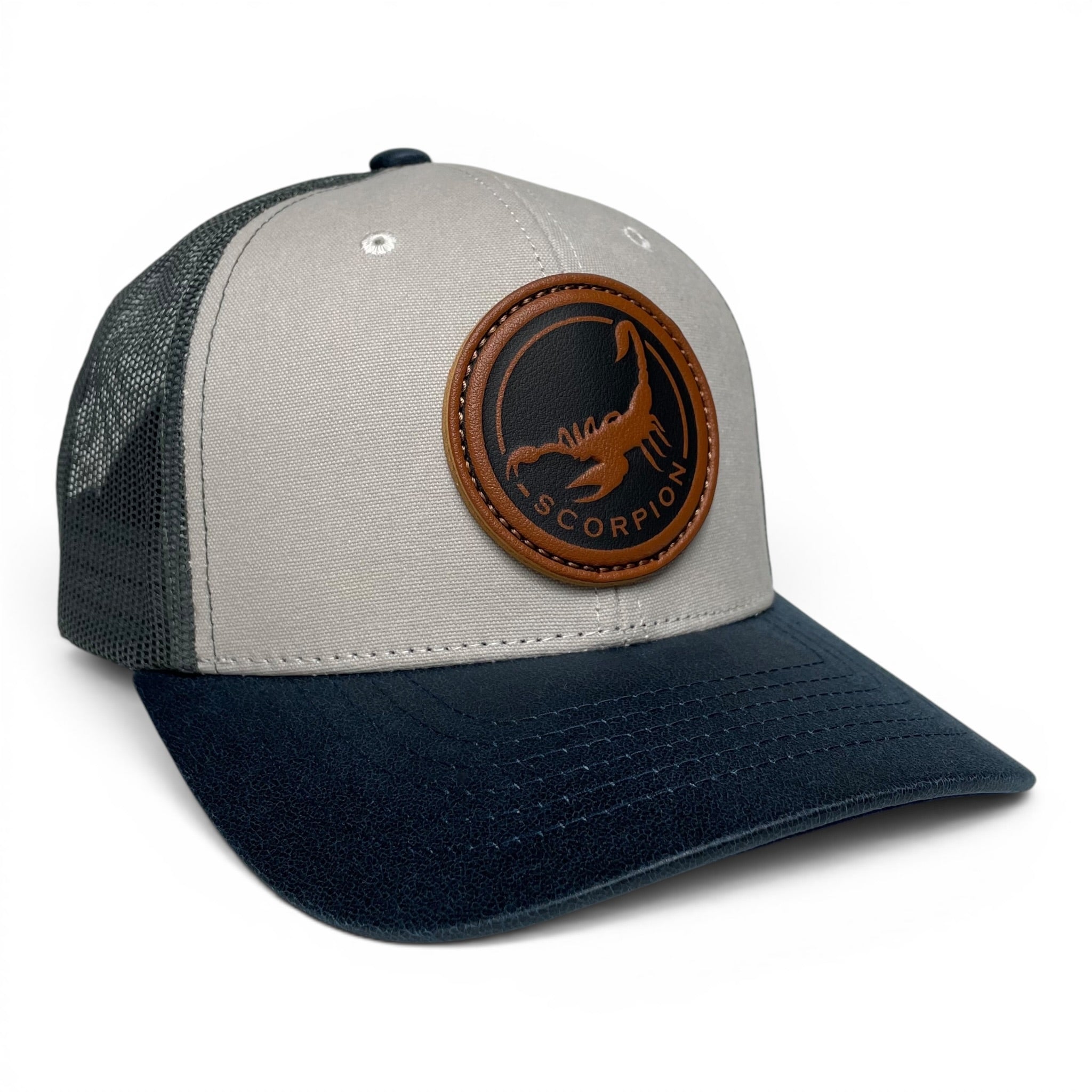 Scorpion Leather Patch Trucker Hat – Canvas Brim Snapback