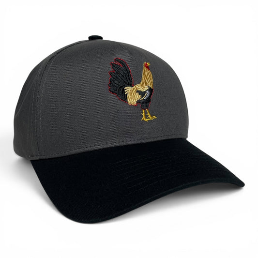 A dark gray and black baseball cap featuring an embroidered rooster design on the front panel, set against a plain white background.