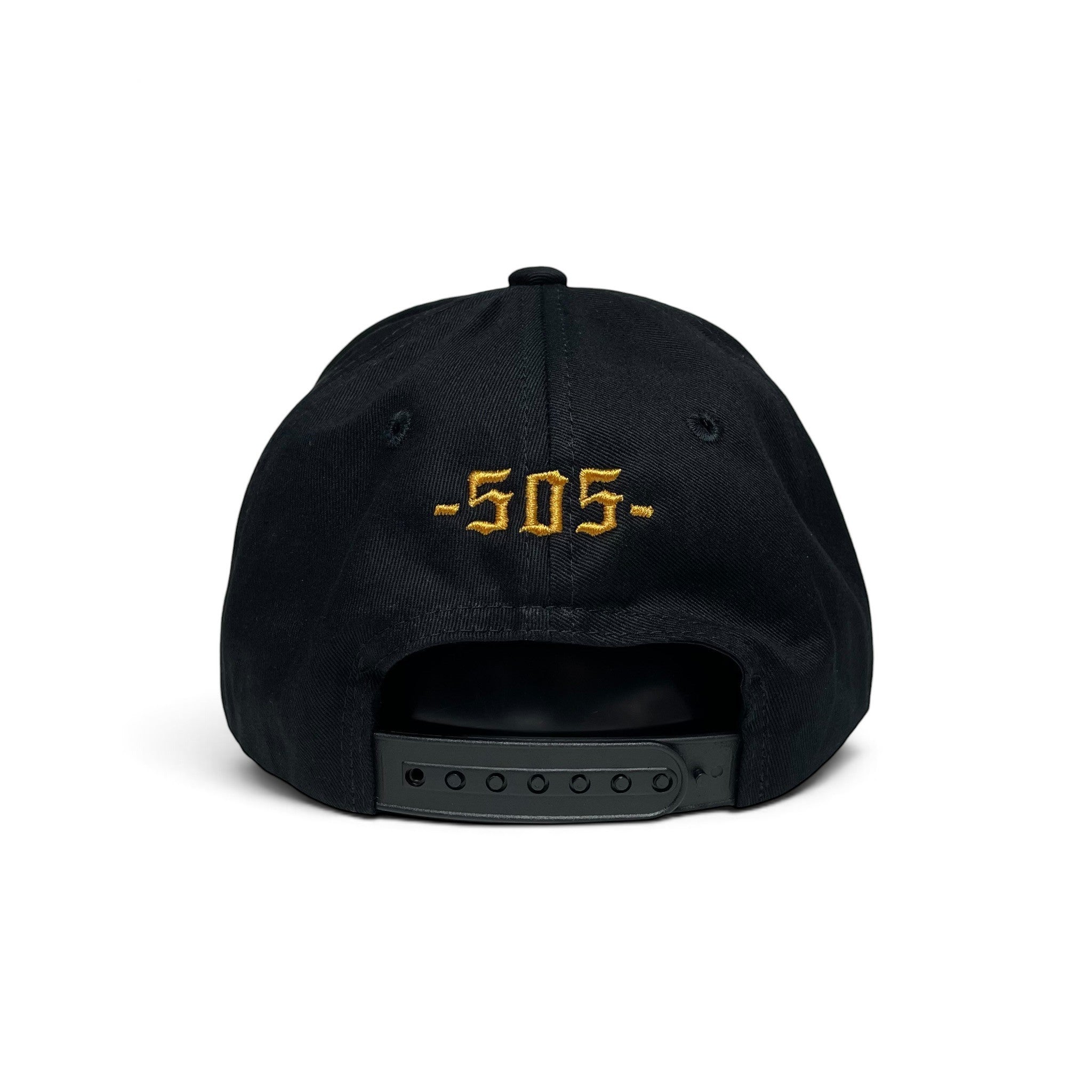 Black baseball cap viewed from the back, featuring golg embroidered text reading '-505-' on the black, adjustable snapback strap.