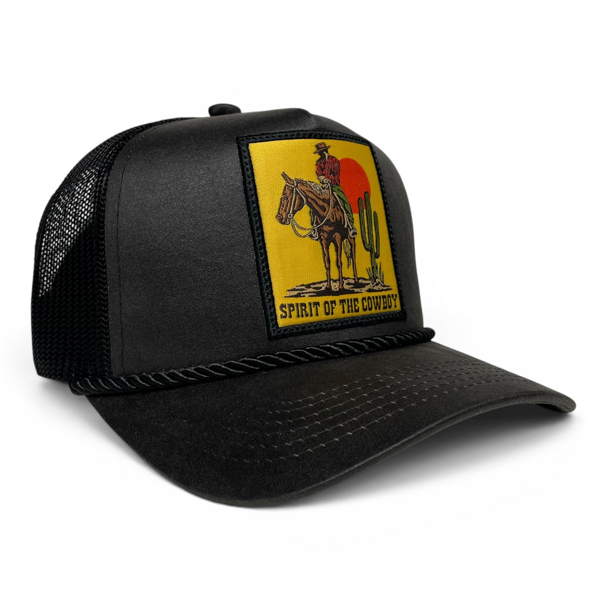 Western Cowboy Horse Patch Black Mesh Back Trucker Hat