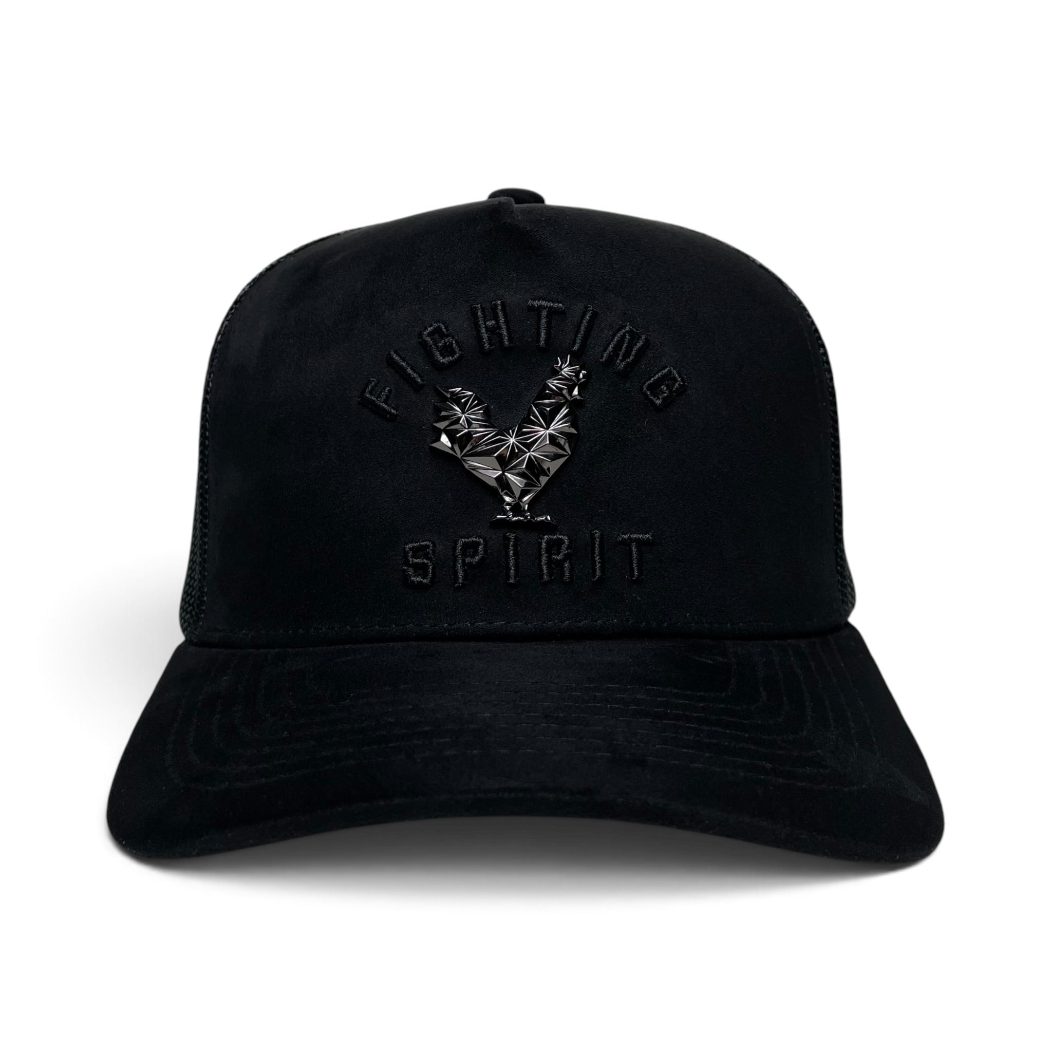 Rooster Emblem Black Suede Trucker Hat