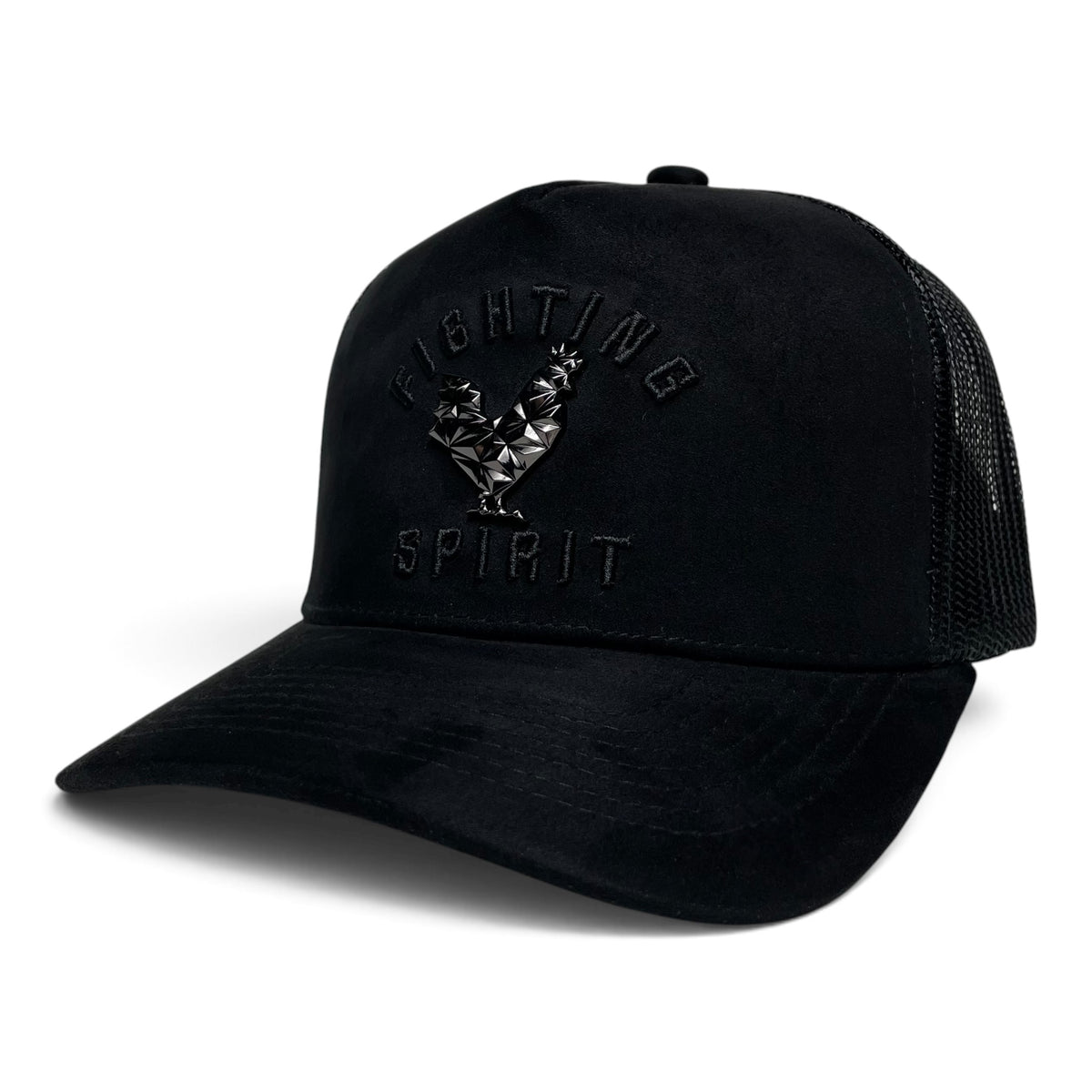 Rooster Emblem Black Suede Trucker Hat
