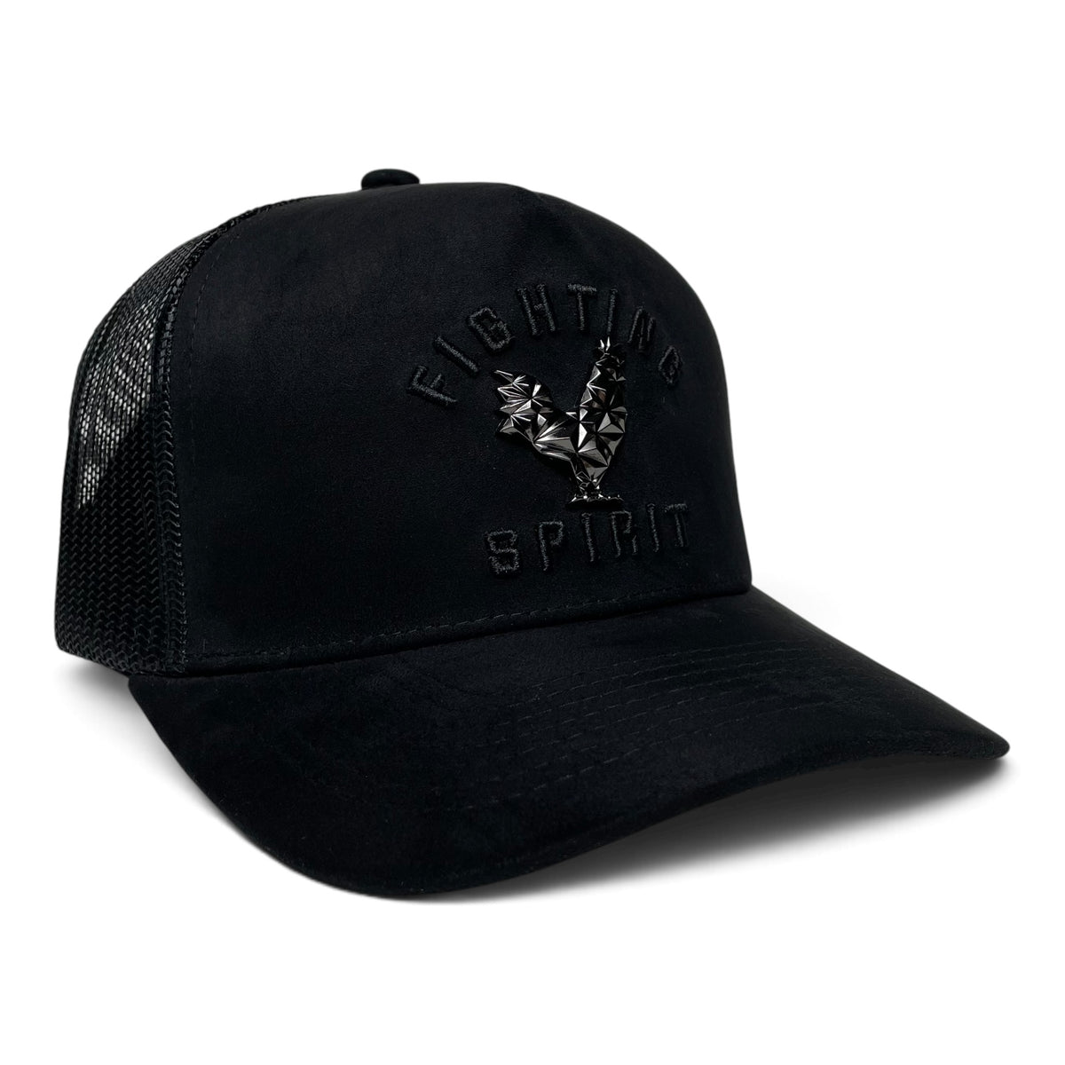 Rooster Emblem Black Suede Trucker Hat