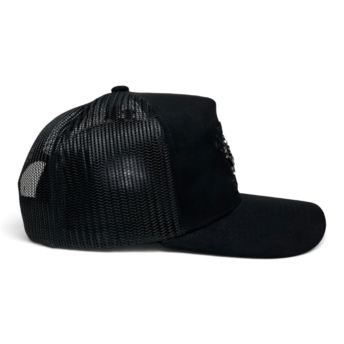 Rooster Emblem Black Suede Trucker Hat