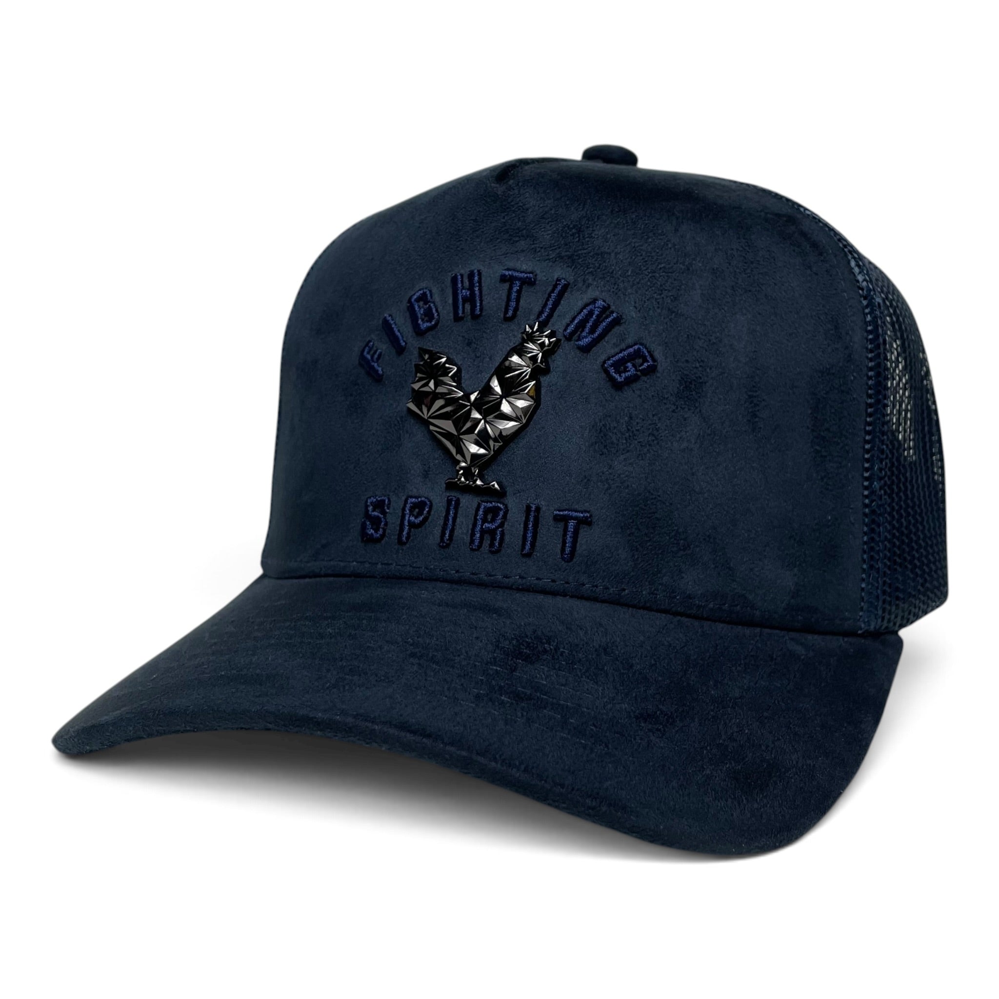Rooster Emblem Suede Trucker Hat with Fighting Spirit Embroidery