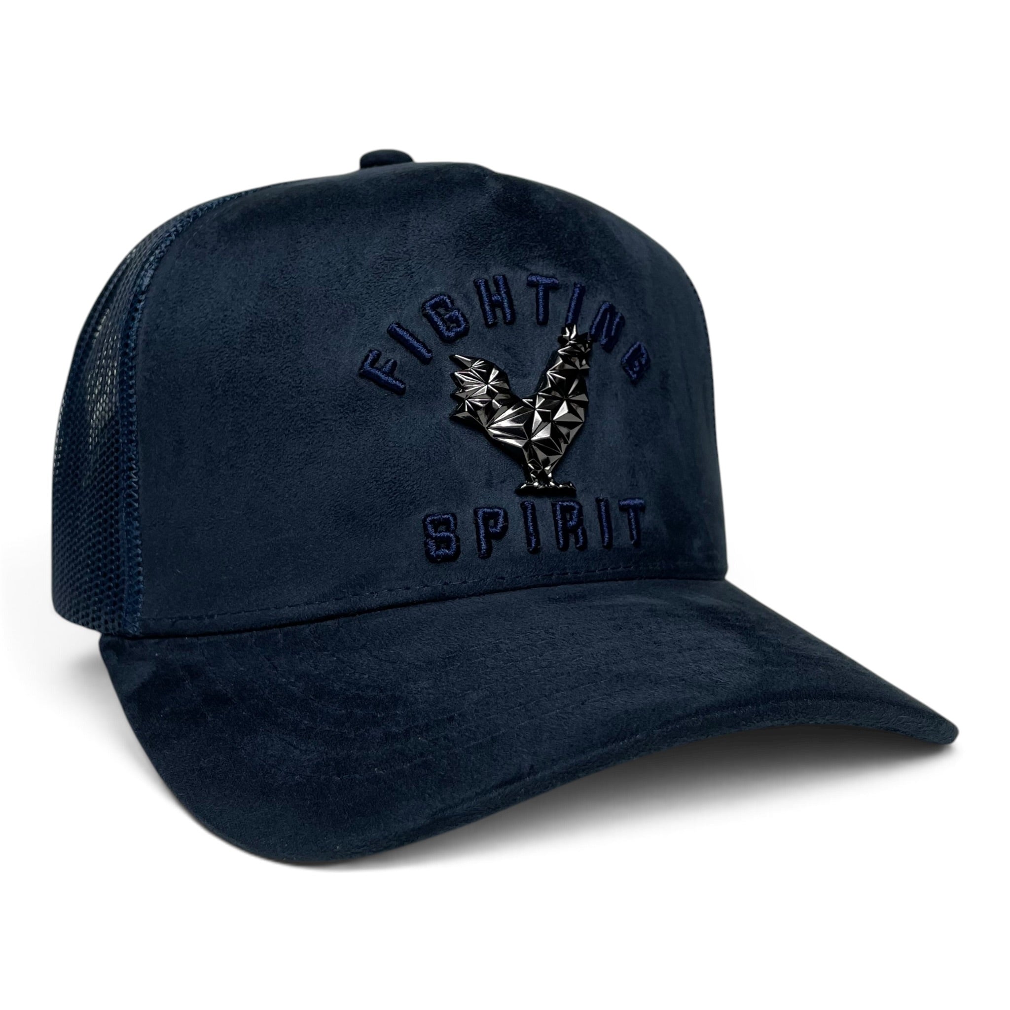 Rooster Emblem Suede Trucker Hat with Fighting Spirit Embroidery