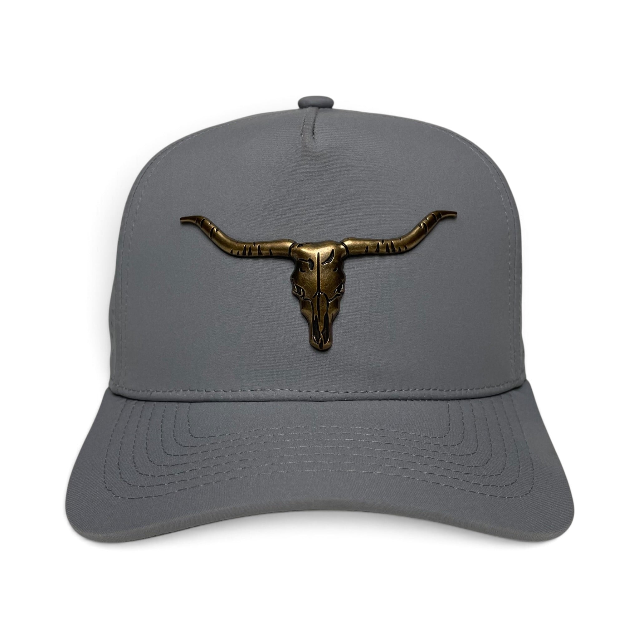 Gray adjustable western cap with a longhorn bull metal emblem on the front, curved brim, and cowboy-inspired design.