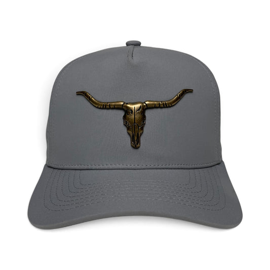Gray adjustable western cap with a longhorn bull metal emblem on the front, curved brim, and cowboy-inspired design.