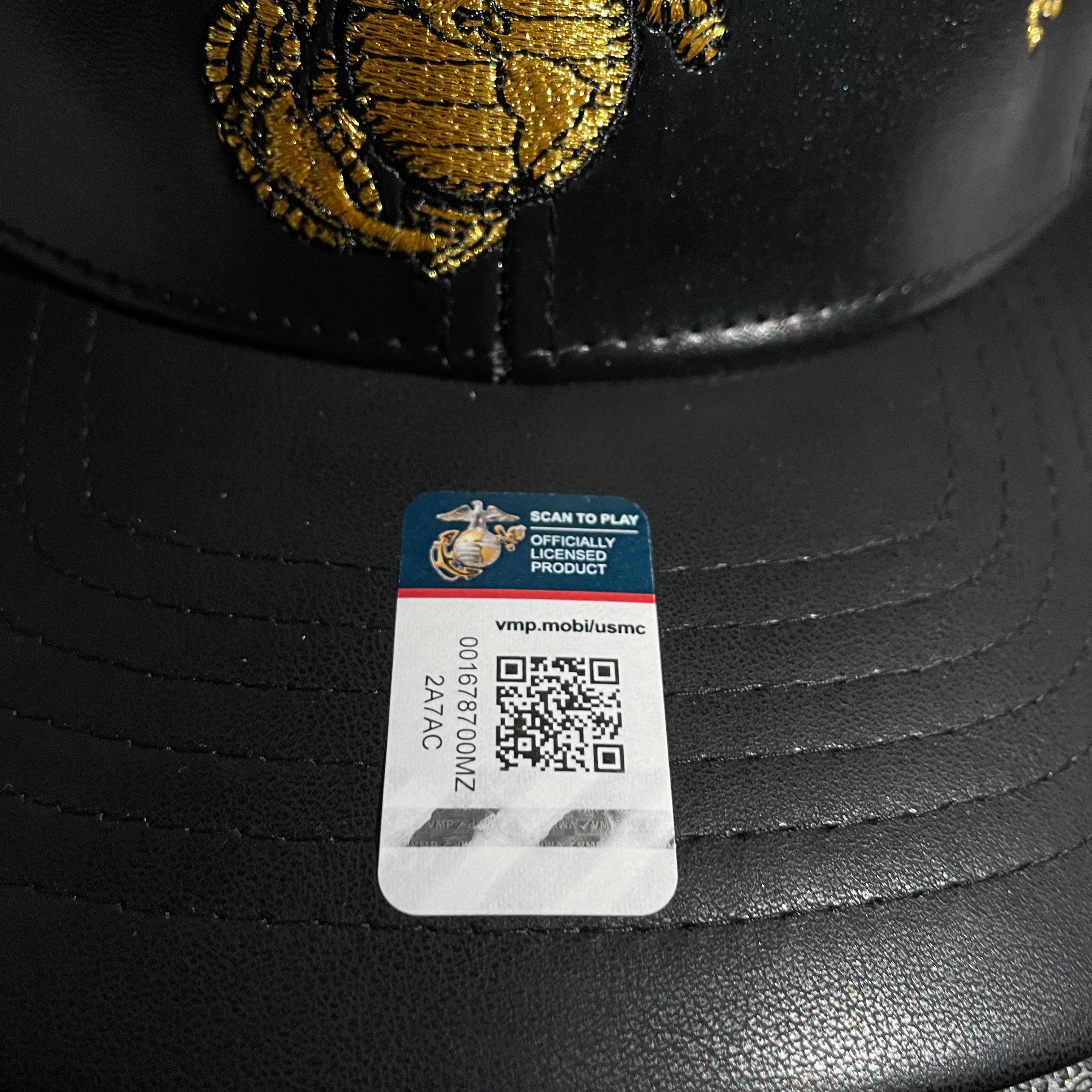 USMC Gold Embroidered Leather Cap, Black, Adjustable Fit, Officially Licensed