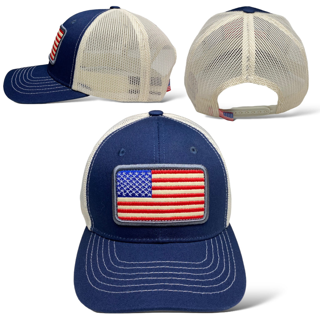 Embroidered American Flag Snapback Trucker Mesh Cap - Patriotic USA Hat