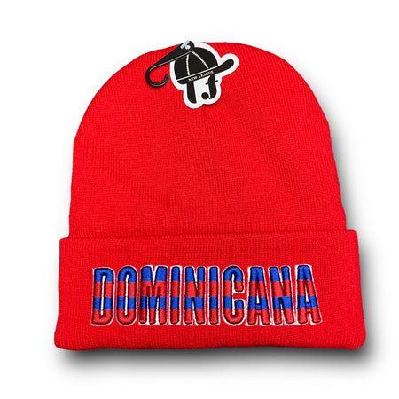 Republica Dominicana red beanie hat with insulated material, embroidered country name on the front, and back flag design.