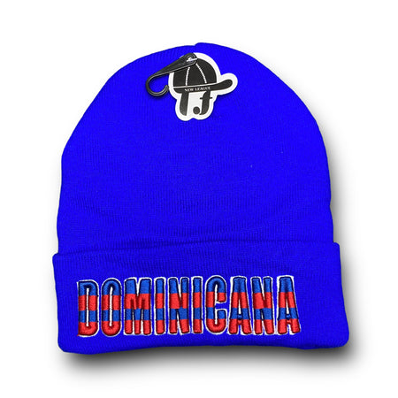 Roaben Republica Dominicana blue beanie hat with insulated material, front embroidery, and back flag design.