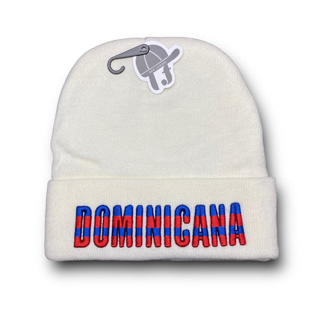 Republica Dominicana white beanie hat with insulated material, front embroidery, and back flag design.