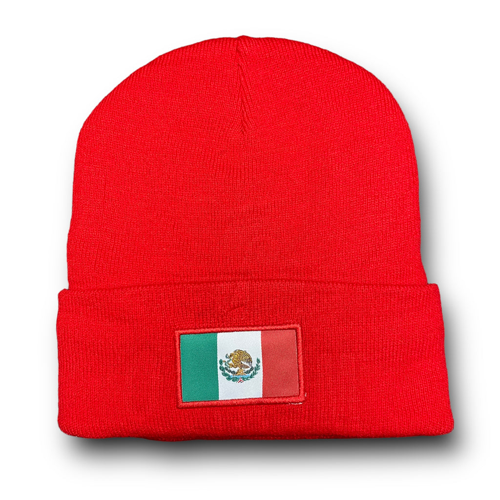 México Gorro Beanie Rojo Aislado con Bordado Frontal y Bandera