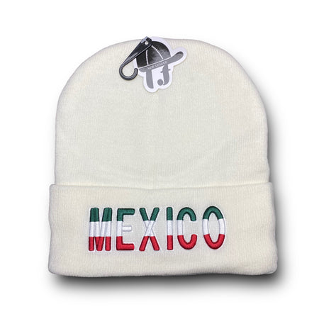 Gorro beanie blanco Roaben México con material aislado, bordado del nombre del país en la parte frontal y diseño de bandera en la parte trasera.