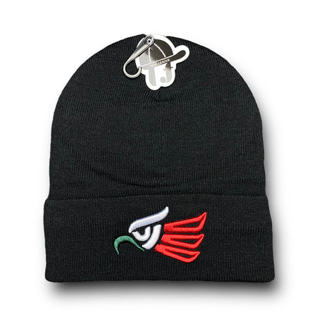 Roaben Mexico black beanie hat with front embroidery and back flag design. Insulated for warmth.