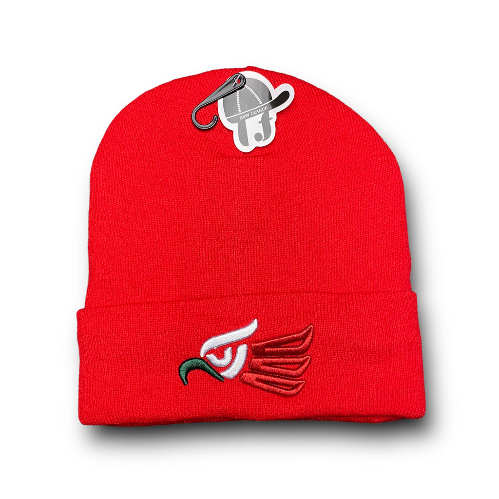 Roaben Mexico red beanie hat with insulated material, eagle front embroidery, and back flag design.