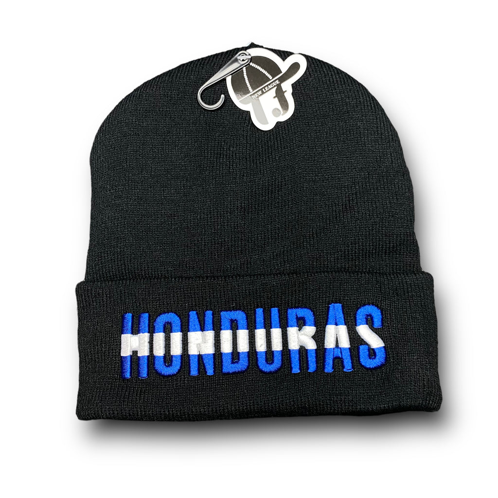 Black Honduras beanie hat with front embroidery and a flag design on the back, made for winter warmth.