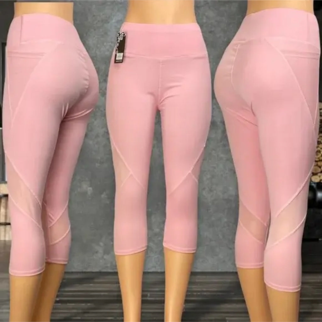 Women's capri leggings with pockets mesh cutouts