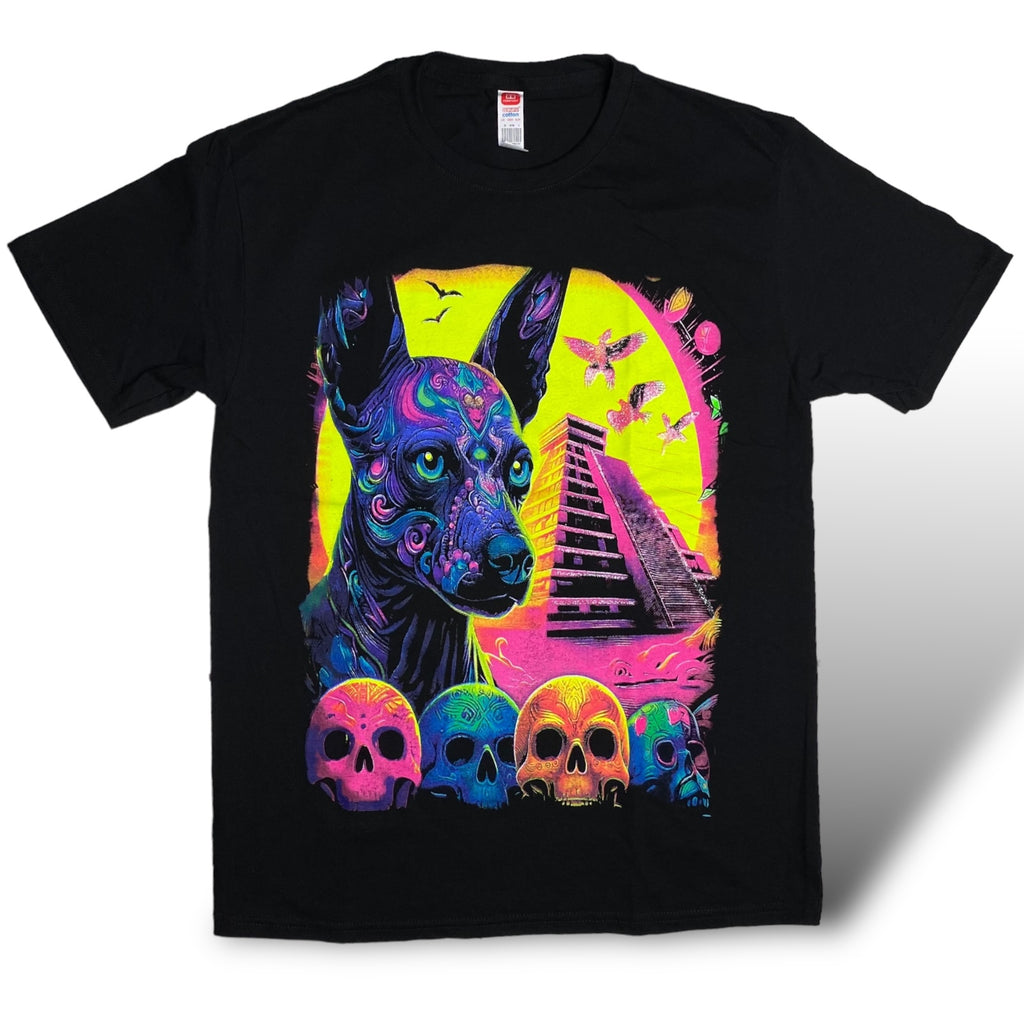 Xoloitzcuintle Mexican Aztec Dog T Shirt Print Glow in Neon and Black light