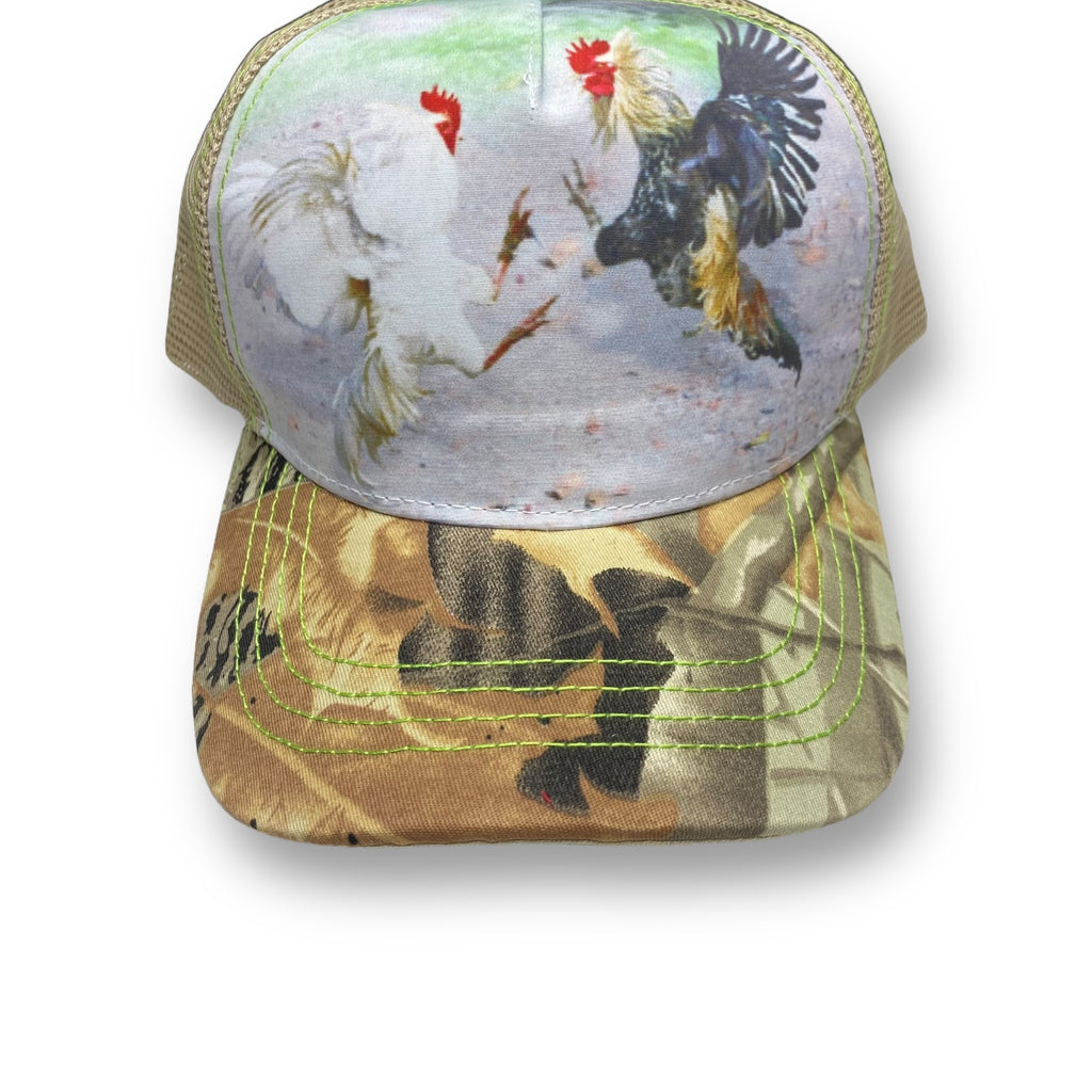 Adjustable Trucker Hat with Roosters Print and Camo Curved Brim, Western Style Cap for Men and Women