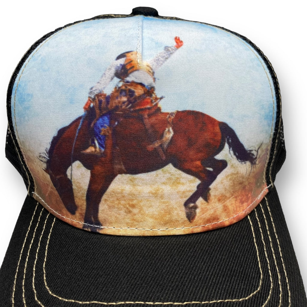 Adjustable Trucker Hat with Cowboy Taming Bronco Print - Western Style Cap for Men and Women