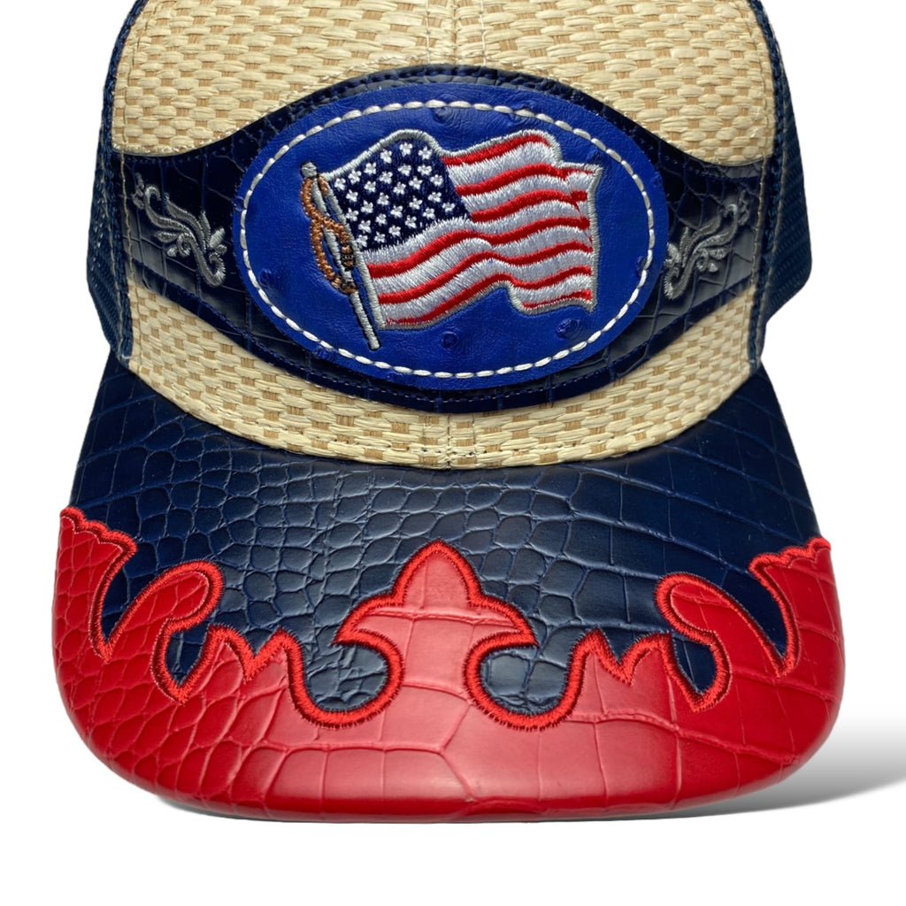 Embroidered America Flag Straw Trucker Hat Snapback, Western Style Baseball Cap