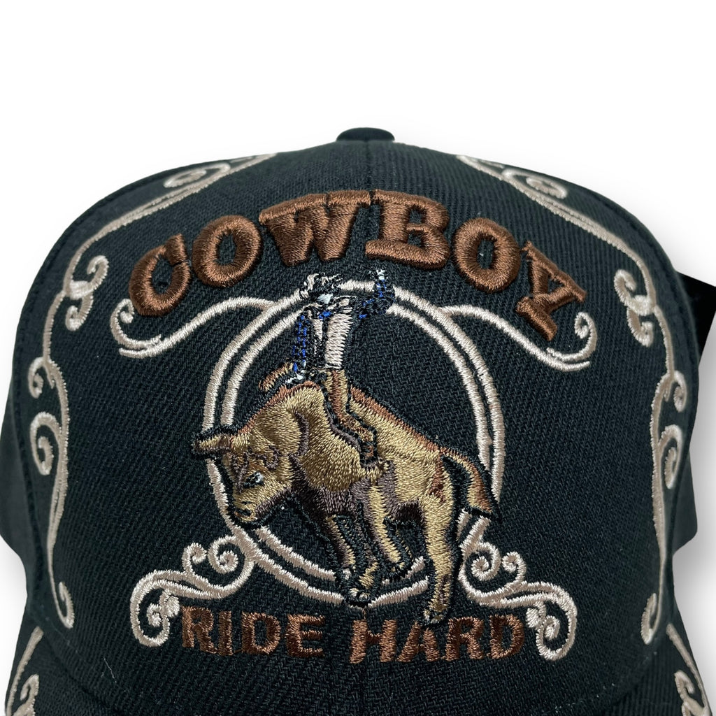 Black baseball cap Cowboy Ride Hard embroidery and bull rider design