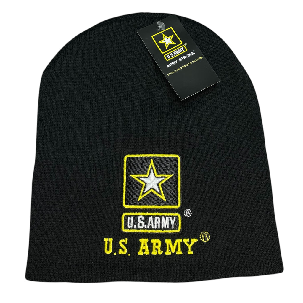 Embroidered U.S. Army Gold White Star Black Beanie, a warm and licensed hat perfect for Army supporters and military enthusiasts.