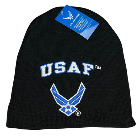 Embroidered US Air Force Black Winter Beanie Skull Cap, a warm licensed hat for Air Force supporters and military enthusiasts.