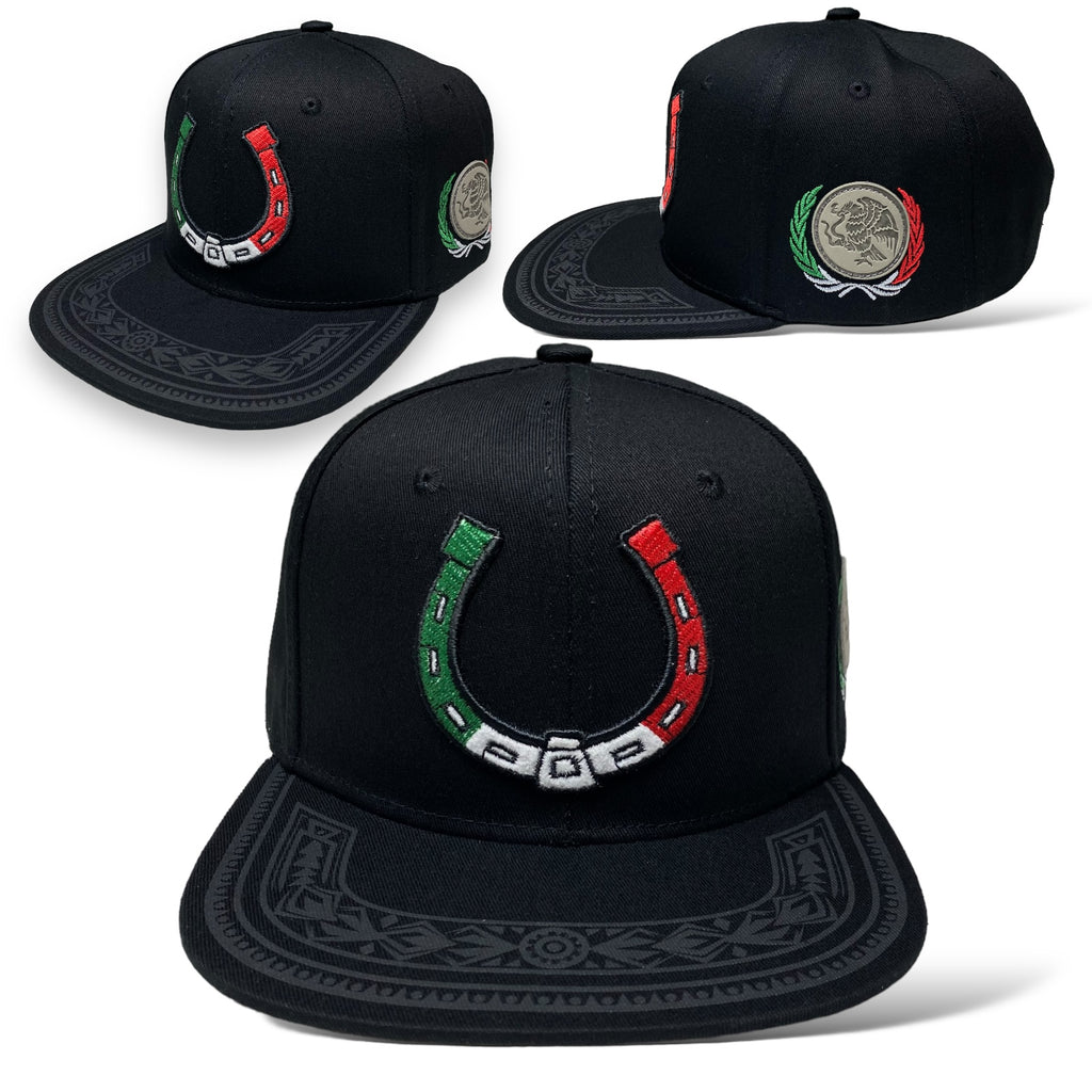 Embroidered Horseshoe with Mexico Flag Baseball Cap - Flat Brim Hats