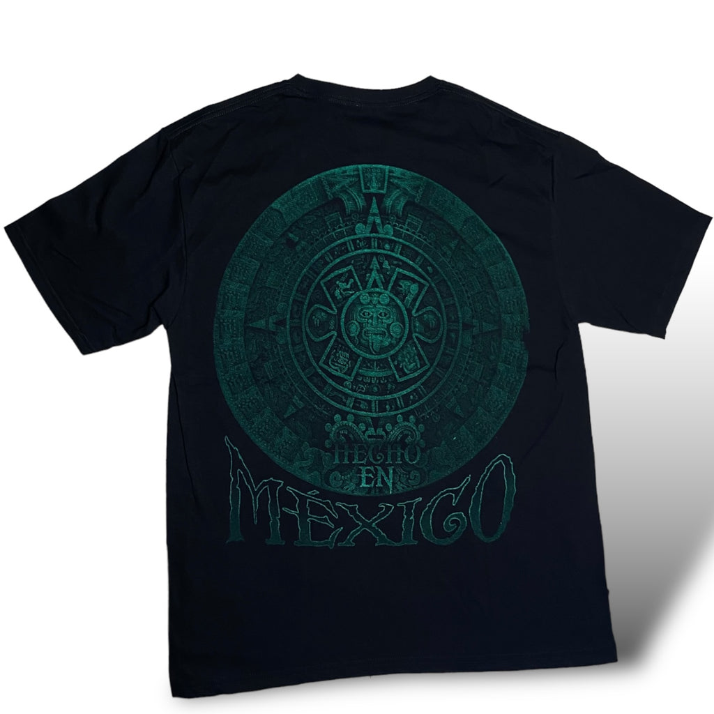 Black T-Shirt with Aztec Calendar Design that Glows Under Neon or Black light