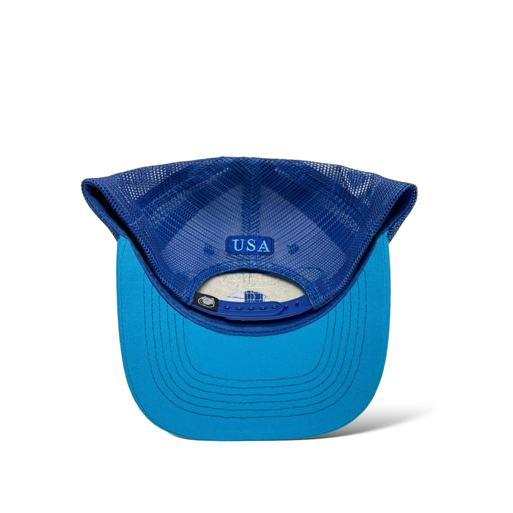 Wholesale Aqua Blue & Blue Trucker Hat with USA Flag Patch - Snapback