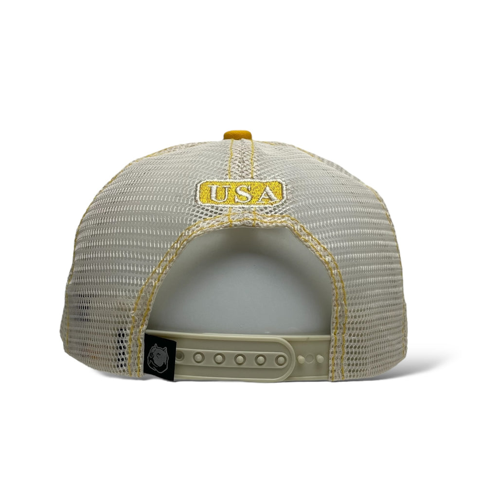 Yellow and White Trucker Hat with USA Flag & Eagle Patch - Wholesale Snapback