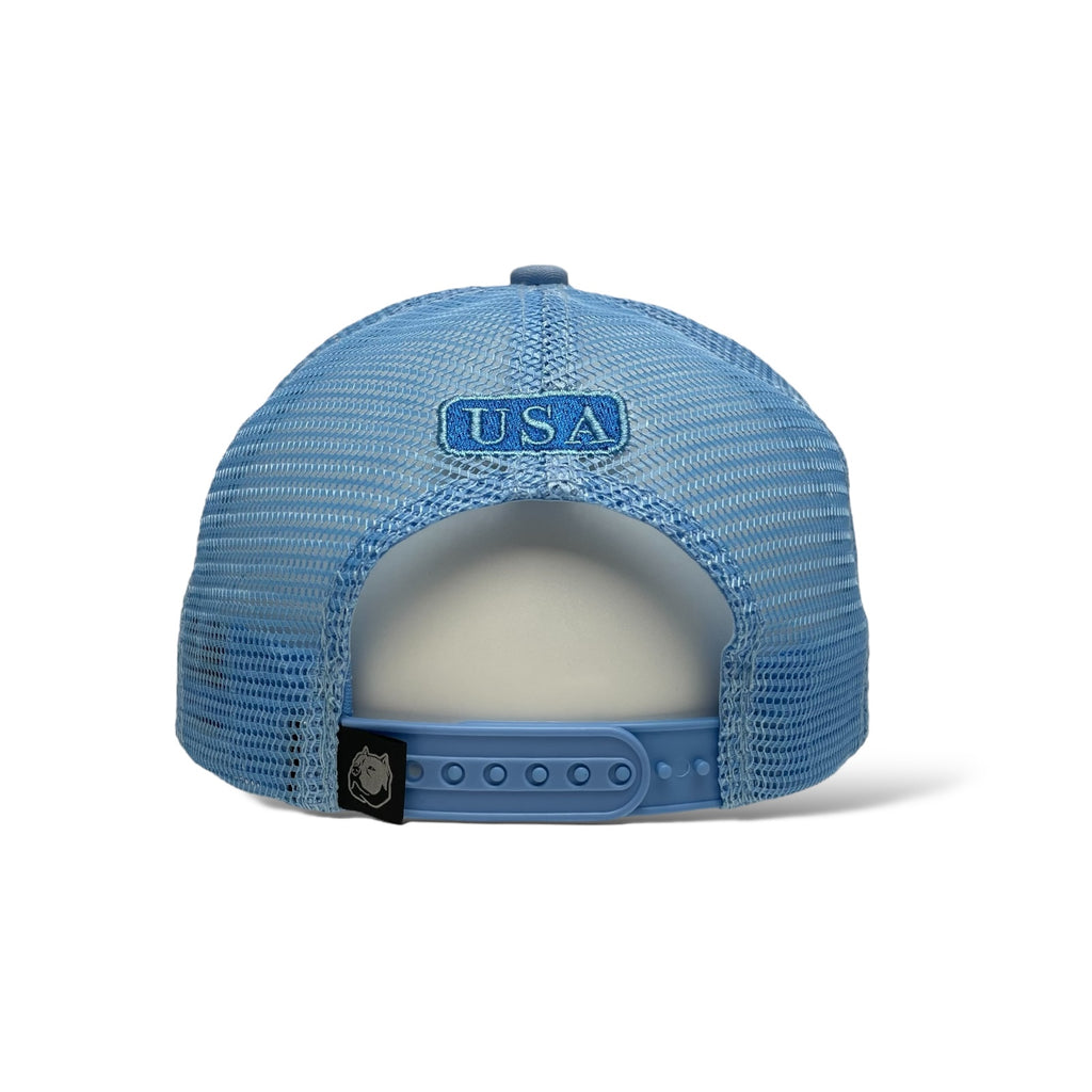 Light Blue & White Snapback Trucker Hat with USA Flag & Eagle Patch – Wholesale Price