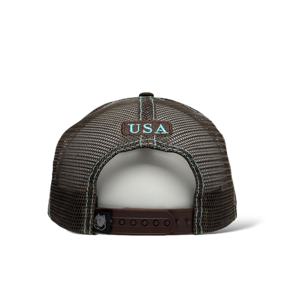 Wholesale Sky Blue & Brown Trucker Hat with USA Flag Patch and Eagle - Snapback Cap